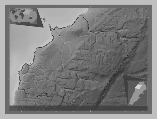 North Governorate Lebanon Grayscale Elevation Map Lakes Rivers Corner Auxiliary — Stock Photo, Image