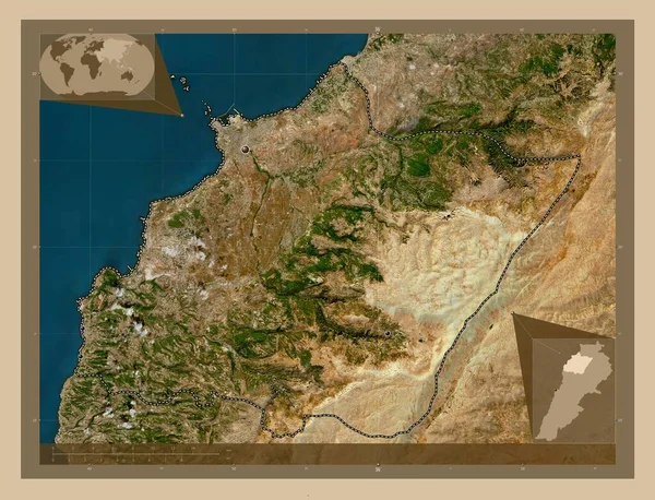レバノンの知事 低解像度衛星地図 地域の主要都市の場所 コーナー補助位置図 — ストック写真