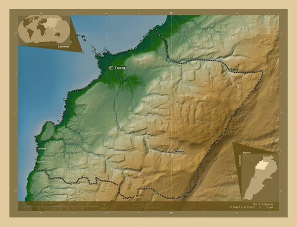 Північ Губернаторство Ліван Кольорові Карти Висот Озерами Річками Місця Розташування — стокове фото