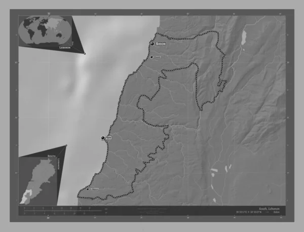 Zuidelijk Gouvernement Van Libanon Hoogteplattegrond Met Meren Rivieren Locaties Namen — Stockfoto