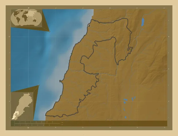 Провинция Ливан Цветная Карта Высоты Озерами Реками Вспомогательные Карты Расположения — стоковое фото