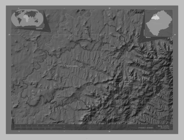 Berea Dzielnica Lesotho Mapa Wzniesień Skali Szarości Jeziorami Rzekami Lokalizacje — Zdjęcie stockowe