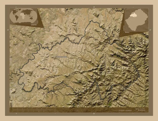 贝雷亚 莱索托区 低分辨率卫星地图 该区域主要城市的地点和名称 角辅助位置图 — 图库照片