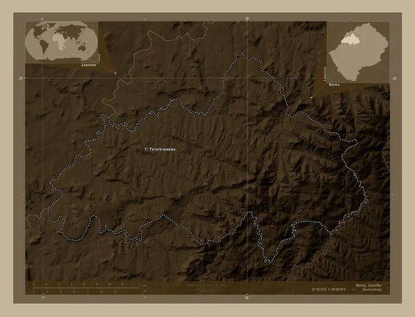 Berea Okres Lesotho Zdvihová Mapa Zbarvená Sépiovými Tóny Jezery Řekami — Stock fotografie