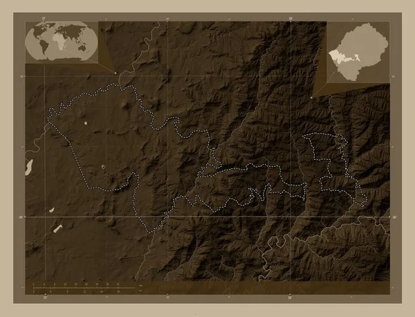 Mafeteng Distrito Lesotho Mapa Elevación Coloreado Tonos Sepia Con Lagos —  Fotos de Stock