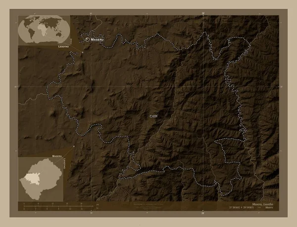 Maseru Distrito Lesotho Mapa Elevación Coloreado Tonos Sepia Con Lagos — Foto de Stock