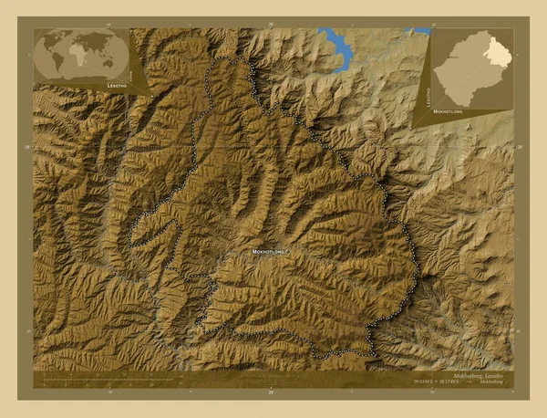 Mokhotlong Distrito Lesotho Mapa Elevación Colores Con Lagos Ríos Ubicaciones — Foto de Stock