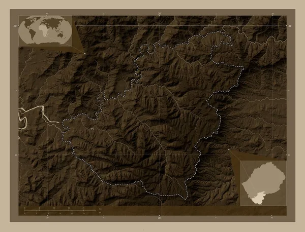 Кутинг Район Лесото Карта Высоты Окрашенная Сепиевые Тона Озерами Реками — стоковое фото