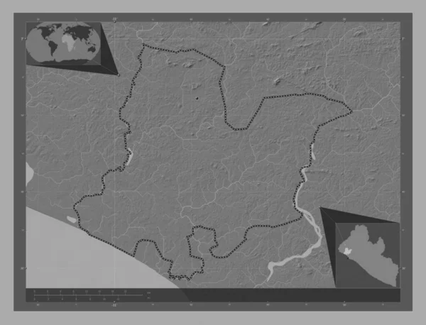 Bomi Provincie Liberia Hoogteplattegrond Met Meren Rivieren Hulplocatiekaarten Hoek — Stockfoto