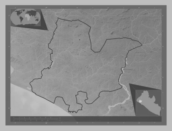 Bomi County Liberia Grayscale Elevation Map Lakes Rivers Corner Auxiliary — Stock Photo, Image