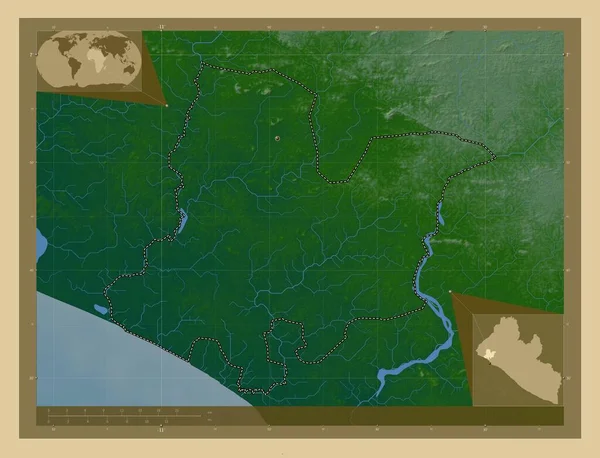 リベリアのボミ郡 湖や川と色の標高マップ 地域の主要都市の場所 コーナー補助位置図 — ストック写真