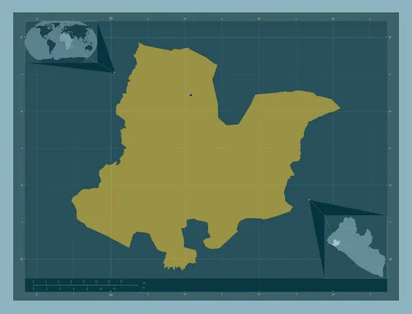 リベリアのボミ郡 しっかりした色の形 地域の主要都市の場所 コーナー補助位置図 — ストック写真