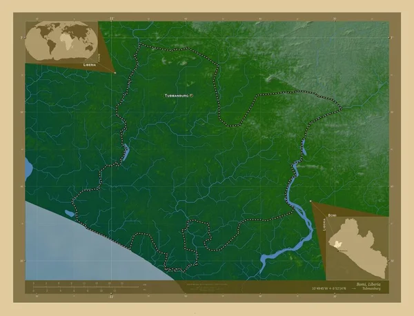 Bomi Liberias Län Färgade Höjd Karta Med Sjöar Och Floder — Stockfoto
