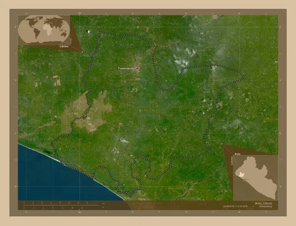 Bomi 利比里亚县 低分辨率卫星地图 该区域主要城市的地点和名称 角辅助位置图 — 图库照片