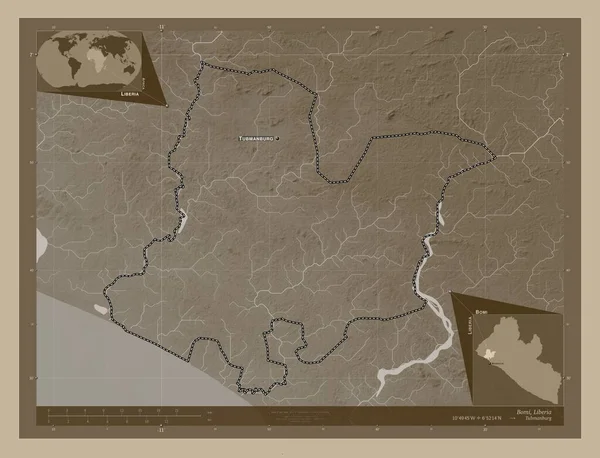 Бомі Графство Ліберія Висота Карти Забарвлена Сепії Тонів Озерами Річками — стокове фото