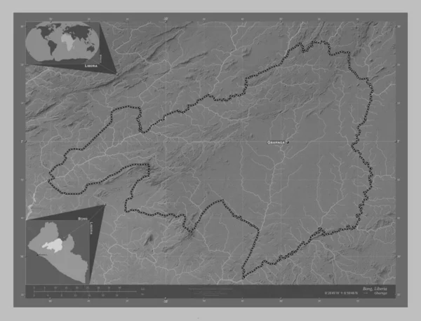 リベリアのボン郡 湖や川とグレースケールの標高マップ 地域の主要都市の位置と名前 コーナー補助位置図 — ストック写真