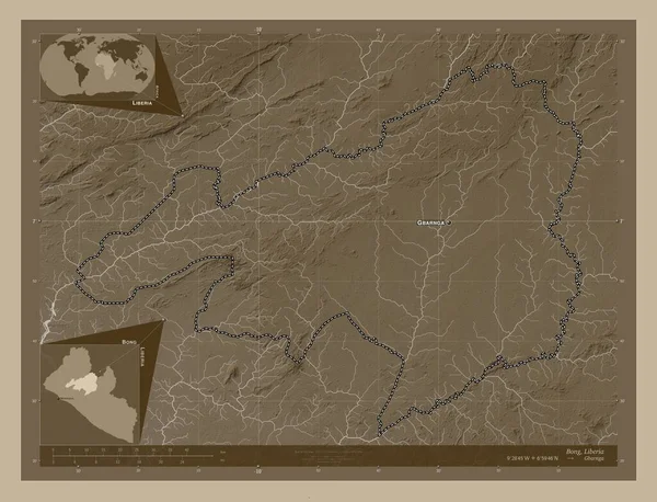 Bong Condado Liberia Mapa Elevación Coloreado Tonos Sepia Con Lagos —  Fotos de Stock