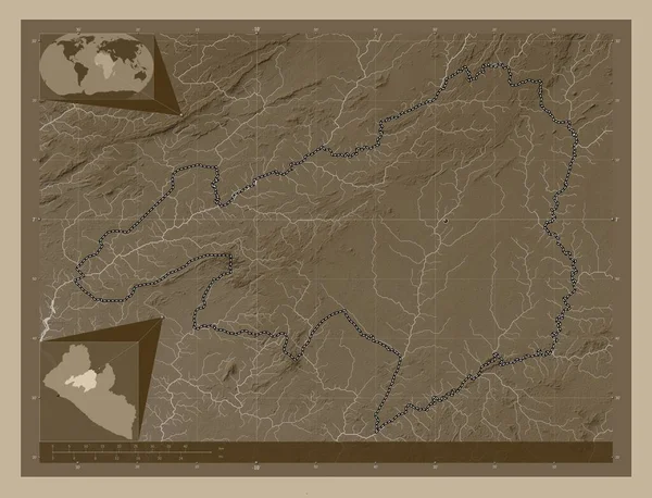 リベリアのボン郡 湖や川とセピアトーンで着色された標高マップ 地域の主要都市の場所 コーナー補助位置図 — ストック写真