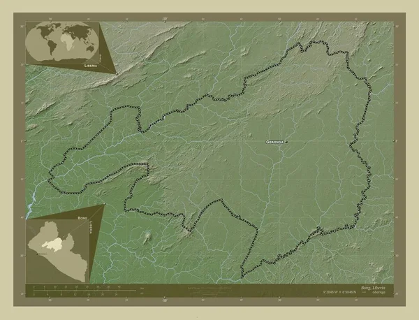 利比里亚州 用Wiki风格绘制的带有湖泊和河流的高程地图 该区域主要城市的地点和名称 角辅助位置图 — 图库照片