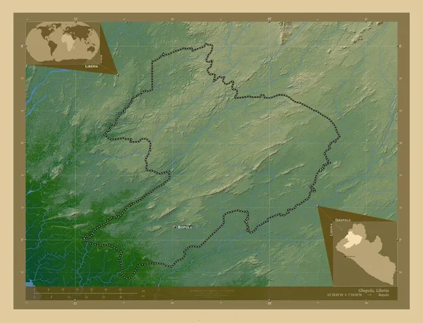 リベリア共和国の首都 湖や川と色の標高マップ 地域の主要都市の位置と名前 コーナー補助位置図 — ストック写真