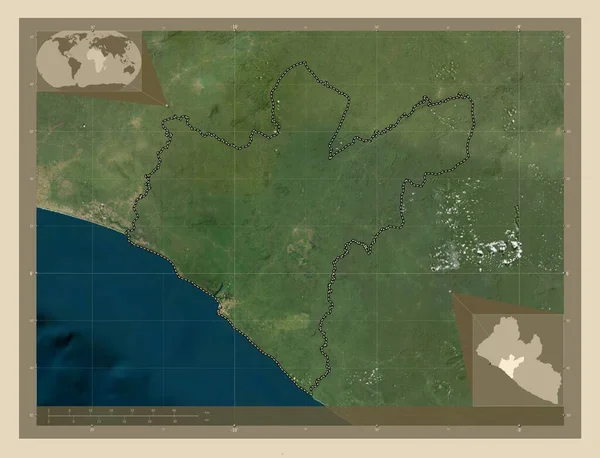 利比里亚大巴萨州 高分辨率卫星地图 该区域主要城市的所在地点 角辅助位置图 — 图库照片