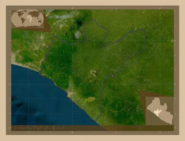 利比里亚大巴萨州 低分辨率卫星地图 该区域主要城市的所在地点 角辅助位置图 — 图库照片