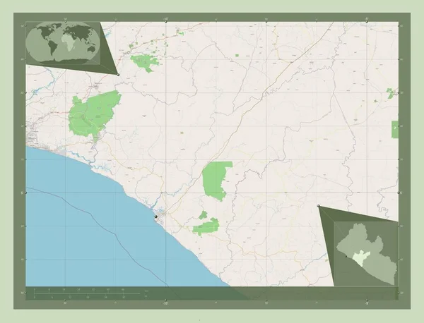 リベリア共和国のグランドバサ県 ストリートマップを開く 地域の主要都市の場所 コーナー補助位置図 — ストック写真