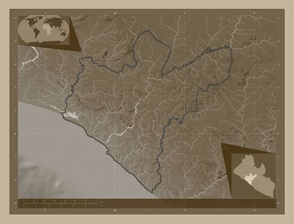 Grand Bassa County Liberia Elevation Map Colored Sepia Tones Lakes — Stock Photo, Image