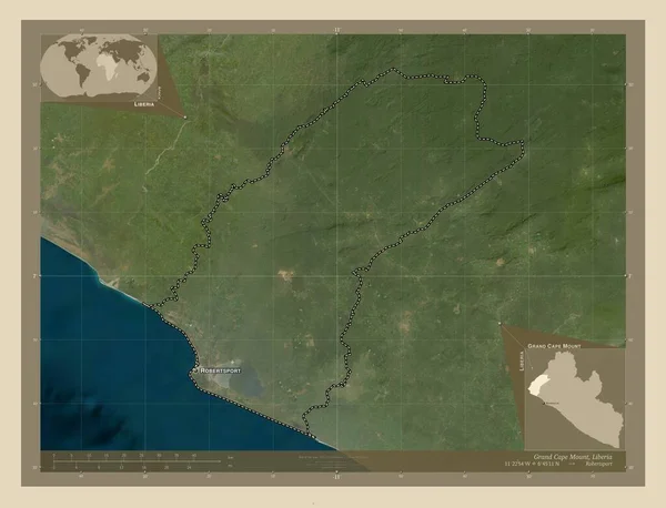 利比里亚大角山县 高分辨率卫星地图 该区域主要城市的地点和名称 角辅助位置图 — 图库照片
