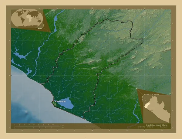 リベリアのグランド ケープ山 湖や川と色の標高マップ 地域の主要都市の位置と名前 コーナー補助位置図 — ストック写真