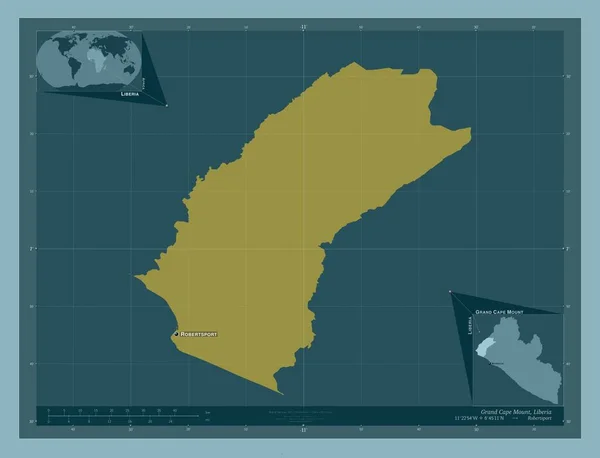 利比里亚大角山县 固体的颜色形状 该区域主要城市的地点和名称 角辅助位置图 — 图库照片
