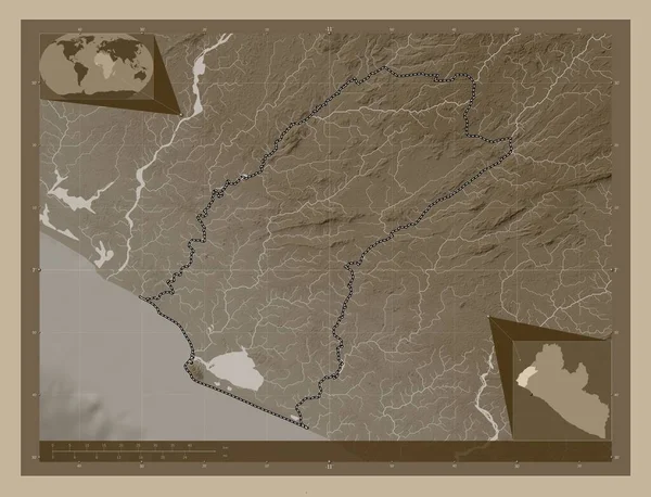 Grand Cape Mount Hrabstwo Liberia Mapa Elewacji Kolorowe Sepia Dźwięki — Zdjęcie stockowe