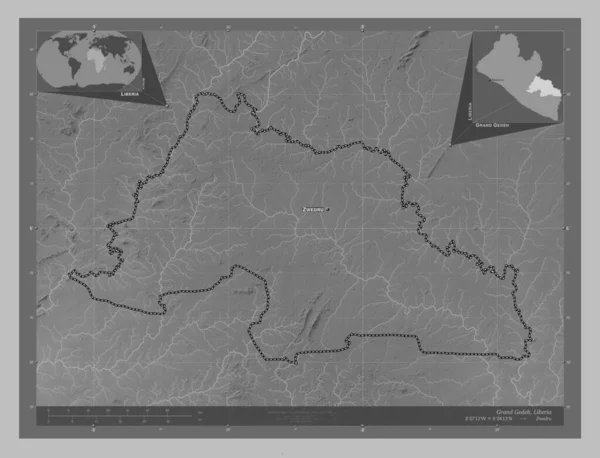 利比里亚大吉德州 带有湖泊和河流的灰度高程图 该区域主要城市的地点和名称 角辅助位置图 — 图库照片