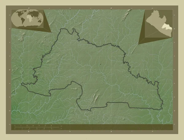 利比里亚大吉德州 用Wiki风格绘制的带有湖泊和河流的高程地图 角辅助位置图 — 图库照片