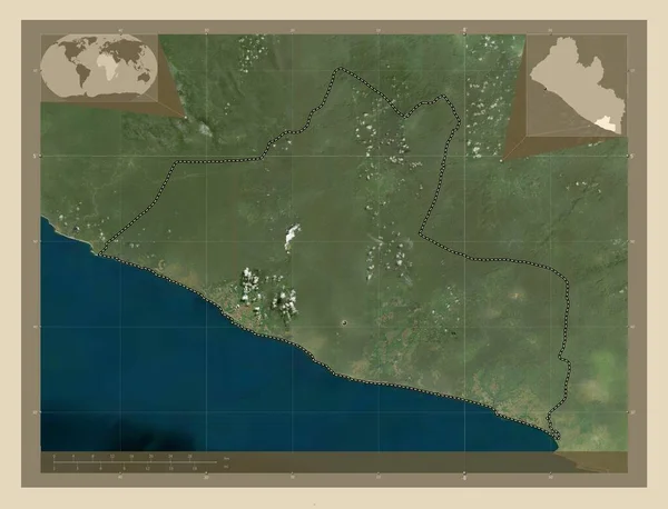 リベリアのグラン クリュ県 高解像度衛星地図 地域の主要都市の場所 コーナー補助位置図 — ストック写真