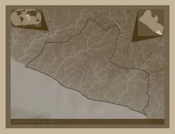 Grand Kru County Liberia Elevation Map Colored Sepia Tones Lakes — Stock Photo, Image