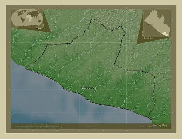 リベリアのグラン クリュ県 湖や川とWikiスタイルで着色された標高マップ 地域の主要都市の位置と名前 コーナー補助位置図 — ストック写真