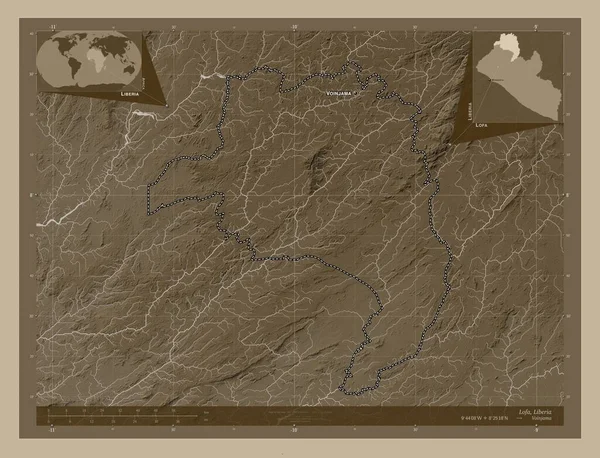 Лофа Графство Либерия Карта Высоты Окрашенная Сепиевые Тона Озерами Реками — стоковое фото