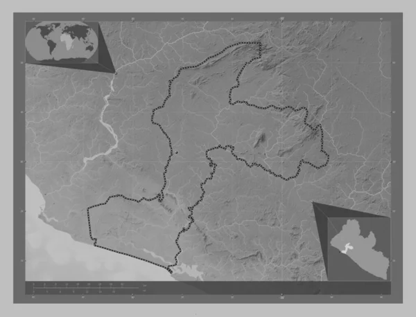 Margibi Provincie Liberia Grayscale Hoogte Kaart Met Meren Rivieren Locaties — Stockfoto