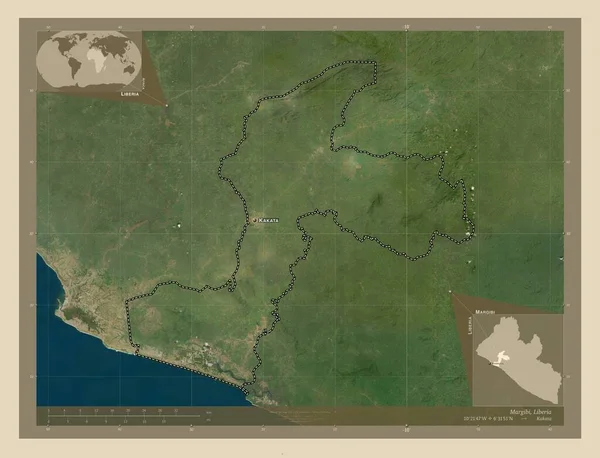 Margibi 利比里亚县 高分辨率卫星地图 该区域主要城市的地点和名称 角辅助位置图 — 图库照片
