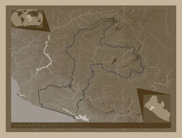 Margibi Liberia 세피아 색으로 지도는 호수와 강으로 울려퍼진다 지역의 도시들의 — 스톡 사진