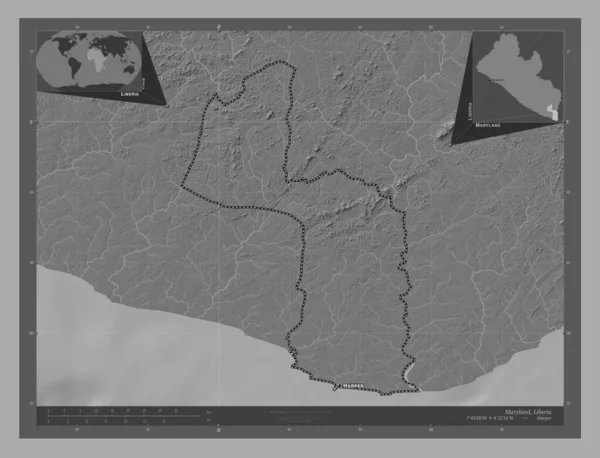 Maryland Okres Libérie Mapa Nadmořské Výšky Jezery Řekami Umístění Názvy — Stock fotografie