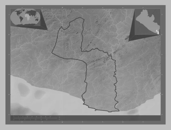 Maryland County Liberia Grayscale Elevation Map Lakes Rivers Corner Auxiliary — Stock Photo, Image