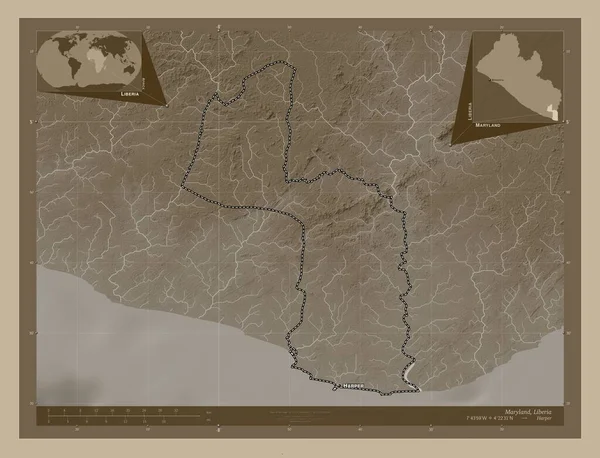 Μέριλαντ Κομητεία Λιβερίας Υψόμετρο Χάρτη Χρωματισμένο Τόνους Σέπια Λίμνες Και — Φωτογραφία Αρχείου