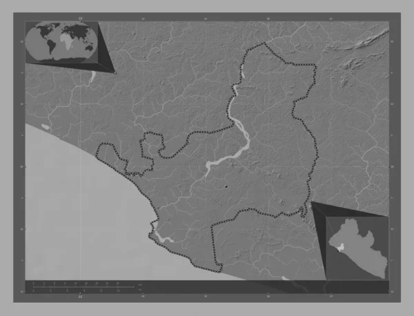 Montserrado Provincie Liberia Hoogteplattegrond Met Meren Rivieren Hulplocatiekaarten Hoek — Stockfoto
