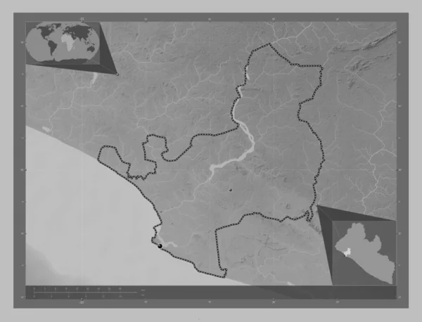 Montserrado County Liberia Grayscale Elevation Map Lakes Rivers Locations Major — Stock Photo, Image