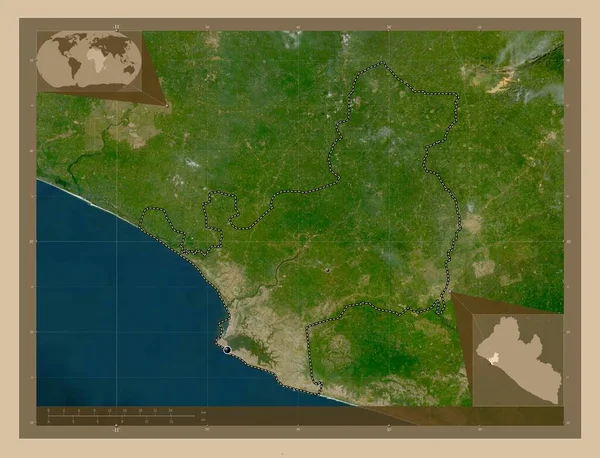 蒙特塞拉特 利比里亚县 低分辨率卫星地图 该区域主要城市的所在地点 角辅助位置图 — 图库照片