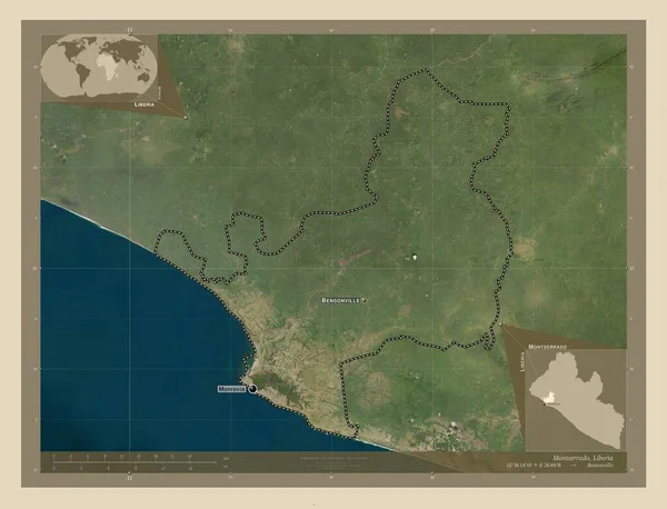 Montserrado Okręg Liberia Mapa Satelity Wysokiej Rozdzielczości Lokalizacje Nazwy Głównych — Zdjęcie stockowe