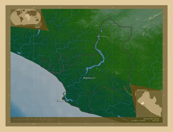 Montserrado Okres Libérie Barevná Mapa Jezery Řekami Umístění Názvy Velkých — Stock fotografie
