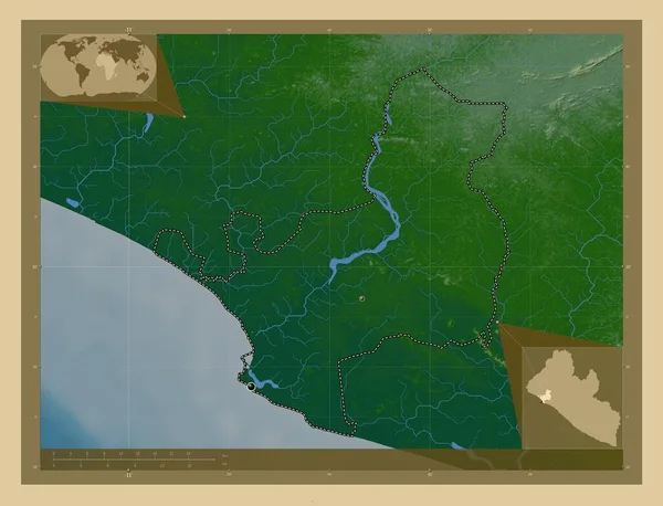 リベリアのモンセラード郡 湖や川と色の標高マップ 地域の主要都市の場所 コーナー補助位置図 — ストック写真